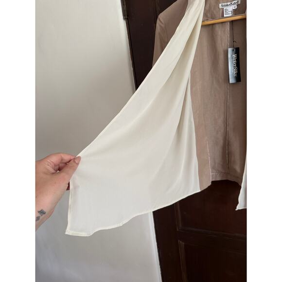 WINTERSILKS | Linen and Silk Tan and cream Drape Collar Overshirt Shacket Medium - Picture 4 of 9